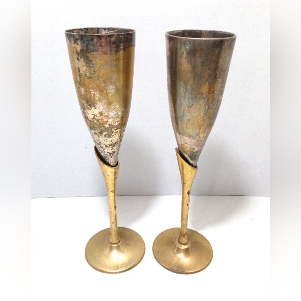 Vintage Penco Wine Goblet Set of 2 Silver Plated with Brass Stem India